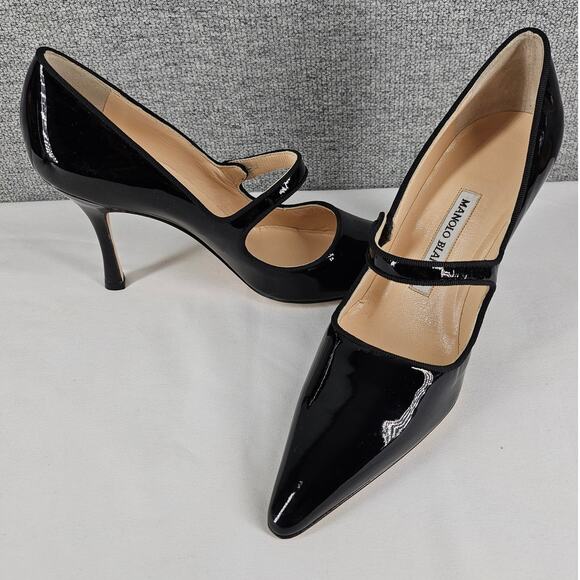 MANOLO BLAHNIK WOMEN'S CAMPARI MARY JANE 3" HEEL PUMPS BLACK PATENT SIZE 6.5 - Picture 10 of 13